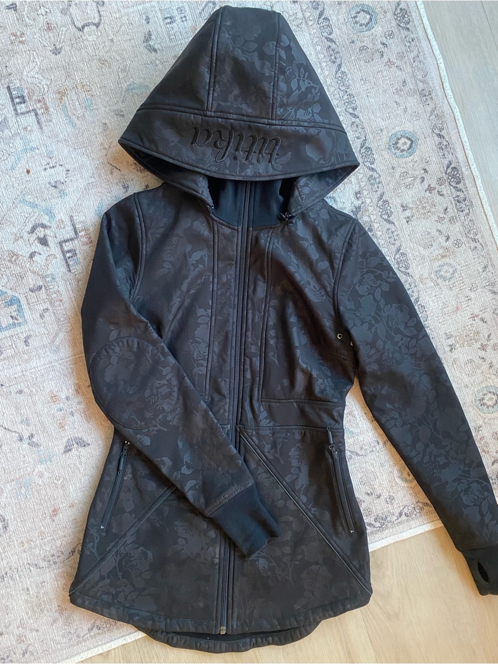 TITIKA XS Black Floral-Print Hooded Rain Jacket